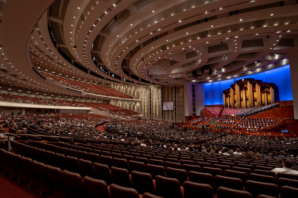 (Rick Egan | The Salt Lake Tribune) Latter-day Saint faithful attend General Conference in April 2022, when the Conference Center permitted half-capacity amid the continuing pandemic. Religion scholar Matthew Bowman says there are reasons people attend church beyond mere belief.