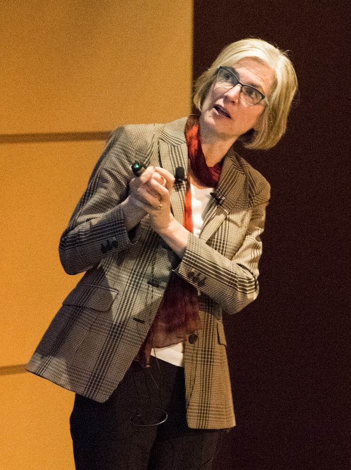 (Rick Egan  |  The Salt Lake Tribune)        UC Berkeley researcher Jennifer Doudna, gives a lecture on “Rewriting the Language of Life: The Biology, Technology and Ethics of DNA Editing."  at the Huntsman Cancer Institute, Thursday, March 22, 2018.




