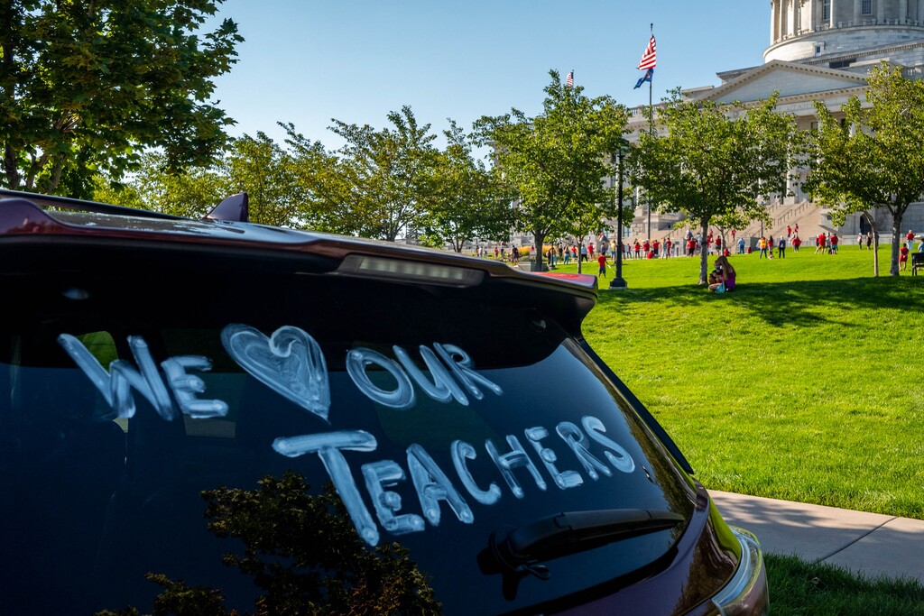 (Trent Nelson  |  The Salt Lake Tribune) Teachers and their supporters gather at the State Capitol in Salt Lake City in support of school safety in reopening plans, on Friday, Aug. 7, 2020.