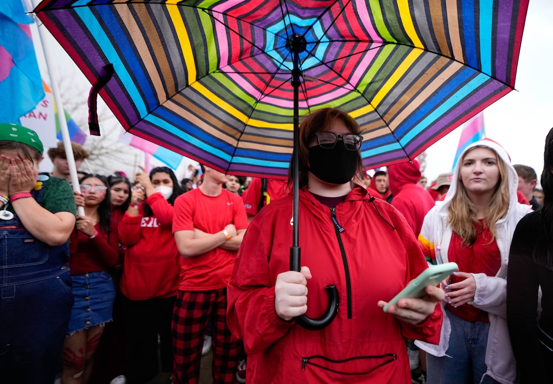 (Francisco Kjolseth | The Salt Lake Tribune) Avi Soule, 17, who identifies as transgender, takes a turn addressing the crowd of fellow students from East High school during an organized walkout on Friday, April 15, 2022, to protest HB11, which bans transgender girls from participating in female school sports. In the same spirit of the West High walkout last week, students took a stand to speak out against the bill which they found discriminatory and hurtful to transgender youth in the state.