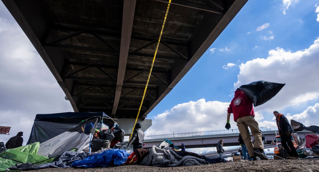 (Rick Egan | The Salt Lake Tribune)  Workers clear the area during the abatement of Fort Pioneer, on Thursday, Feb. 17, 2022.