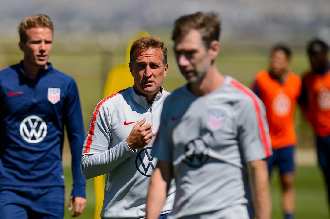 (Trent Nelson  |  The Salt Lake Tribune)Jason Kreis, former RSL coach, now head coach of the United States U-23 men's national soccer team, running practice in Herriman at the Real Salt Lake Training Academy on Wednesday June 12, 2019.