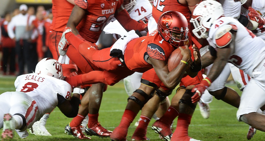 Steve Griffin / The Salt Lake TribuneUtah Utes quarterback Tyler Huntley (1) dives for the end zone but is stopped by Indiana Hoosiers linebacker Dameon Willis Jr. (43) )during the Foster Farms Bowl at Levi's Stadium in Santa Clara California  Wednesday December 28, 2016. 