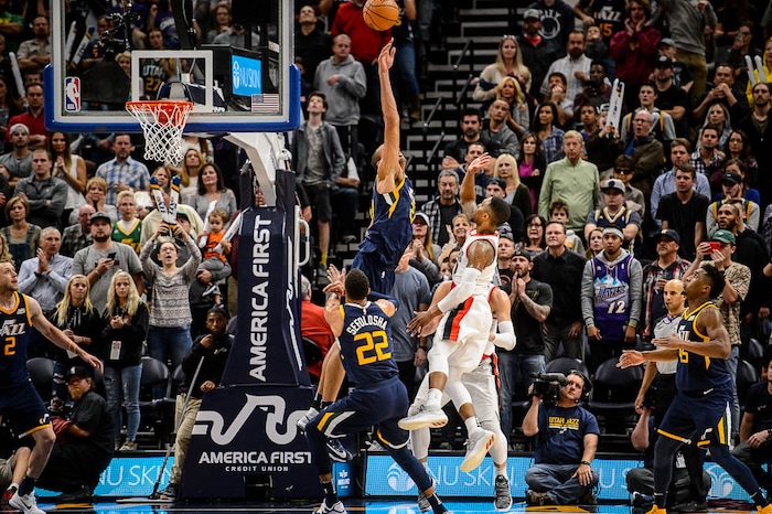 (Trent Nelson | The Salt Lake Tribune)  Utah Jazz center Rudy Gobert (27) blocks a shot by Portland Trail Blazers guard Damian Lillard (0) as time runs out in the fourth quarter with the game tied 94-94. The Utah Jazz host the Portland Trail Blazers, NBA basketball in Salt Lake City, Wednesday November 1, 2017.