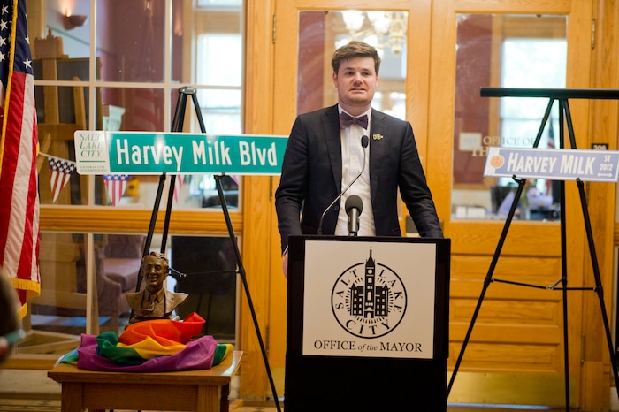 (Rachel Molenda | The Salt Lake Tribune)
Salt Lake City Councilman Chris Wharton presents Nicole Murray-Ramirez with a Harvey Milk Boulevard sign at the Salt Lake City-County Building in Salt Lake City on Friday, May 25, 2018. Salt Lake is the second city in the U.S. to honor the late gay rights activist by naming a street after him, Ramirez said.