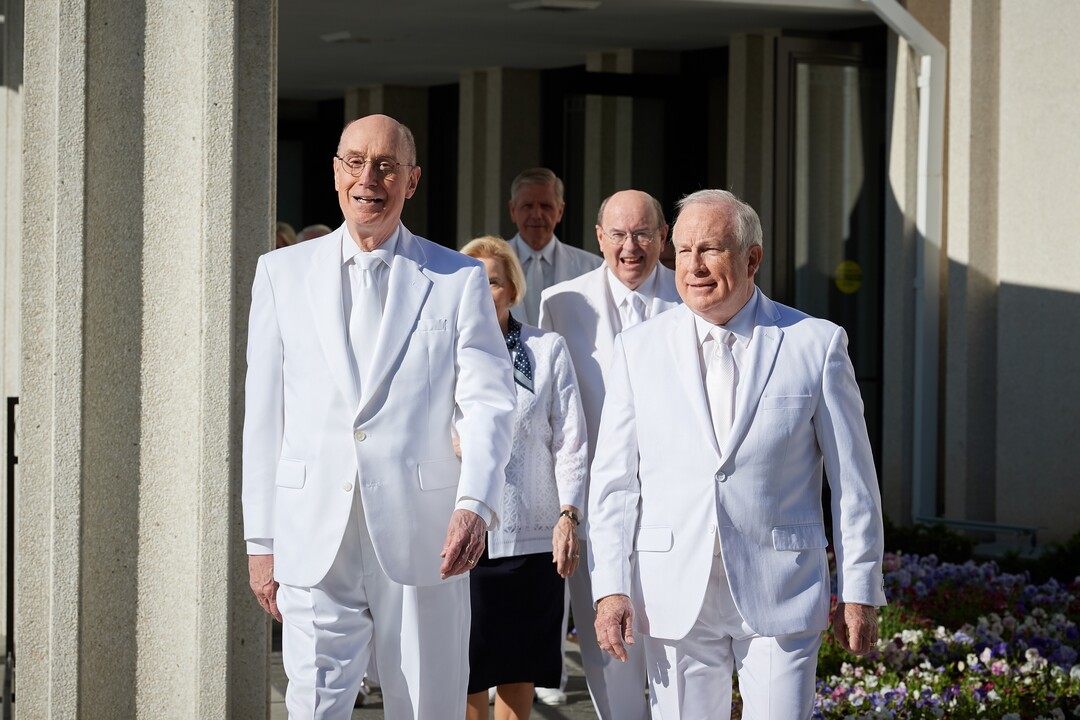 (Courtesy LDS Church) President Henry B. Eyring, second counselor in the First Presidency of The Church of Jesus Christ of Latter-day Saints, and Elder Timothy J. Dyches of the Seventy lead Mormon leaders to the rededication of the Jordan River Temple on Sunday, May 20, 2018.
