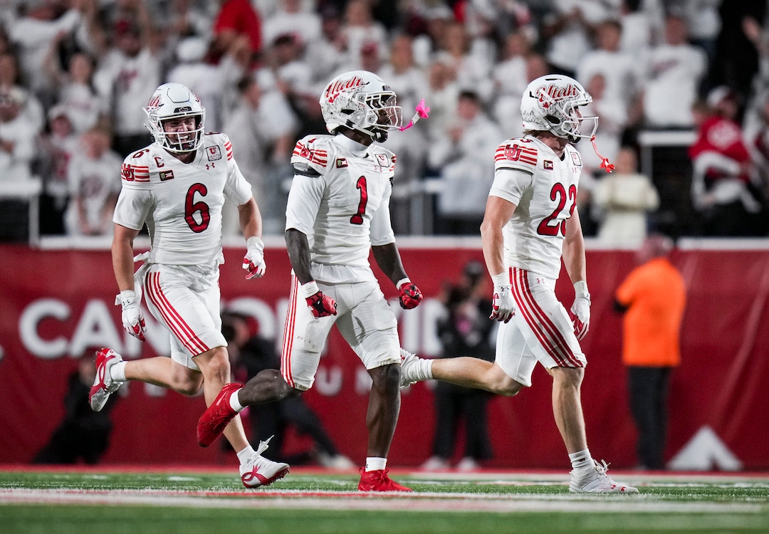(Bethany Baker  |  The Salt Lake Tribune) Utah Utes celebrate as they force a turnover on downs during the game between the Utah Utes and the Kansas Jayhawks at Rice-Eccles Stadium in Salt Lake City on Saturday, Oct. 10, 2026.