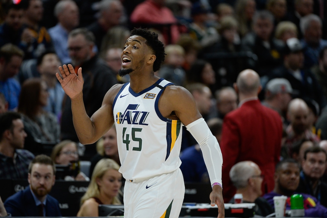 (Francisco Kjolseth  |  The Salt Lake Tribune) Utah Jazz guard Donovan Mitchell (45) talks with his teammates as the Utah Jazz host the Denver Nuggets in their NBA basketball game at Vivint Smart Home Arena in Salt Lake City on Wednesday, Feb. 5, 2020.