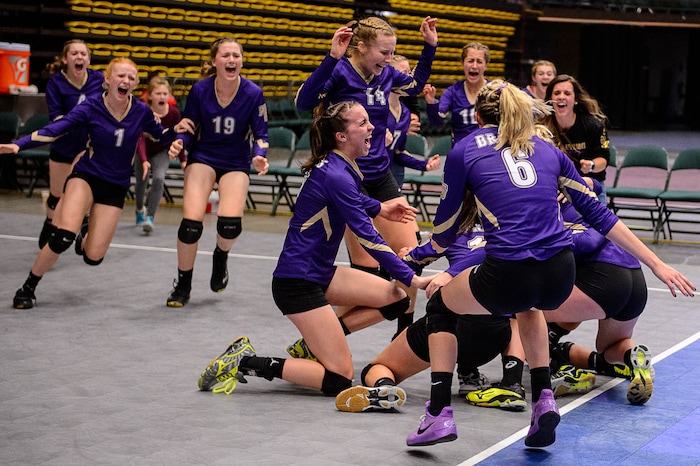 (Trent Nelson | The Salt Lake Tribune) North Summit players celebrate after defeating Enterprise in the 2A State Volleyball Championship game in Orem, Saturday October 28, 2017.