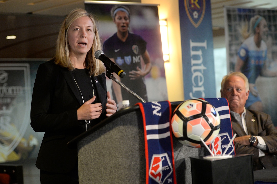(Al Hartmann  |  The Salt Lake Tribune) 	National Women Soccer League Managing Director Amanda Duffy speaks at press conference at Rio Tinto stadium that Real Salt Lake owner Dell Loy Hansen will field a team in Utah for the 2018 season. 