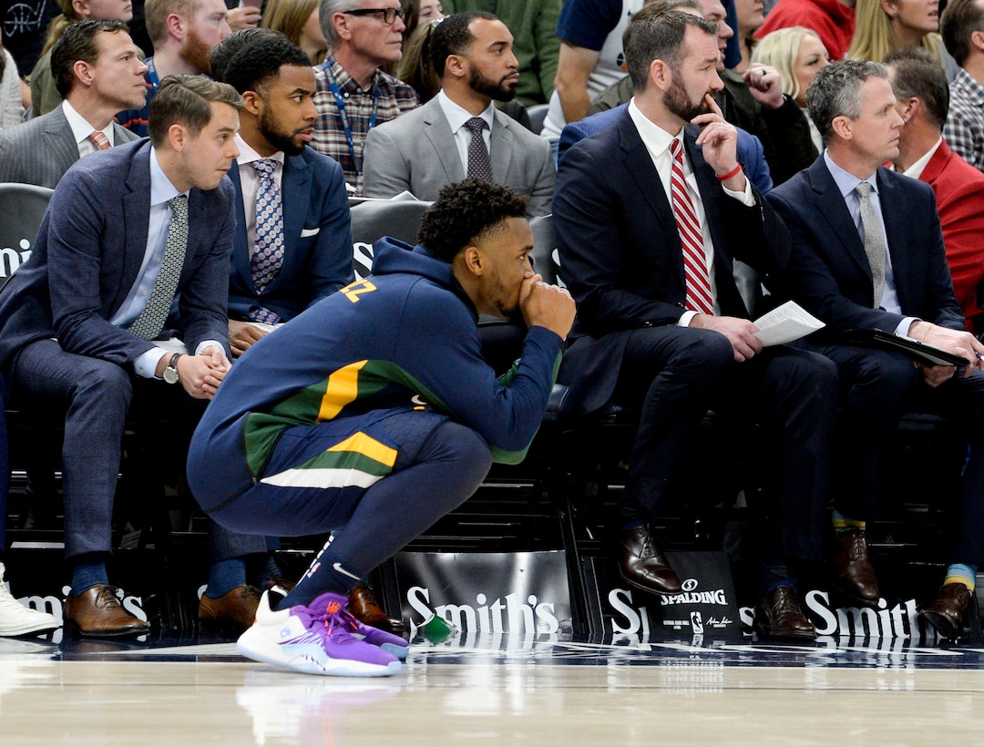 (Leah Hogsten  |  The Salt Lake Tribune) Utah Jazz guard Donovan Mitchell (45) reacts to play as the Utah Jazz defeated the Golden State Warriors, 114-106, Dec. 13, 2019 at Vivint Arena.