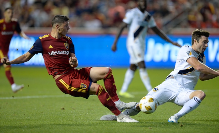 (Francisco Kjolseth  |  The Salt Lake Tribune)  Real Salt Lake midfielder Damir Kreilach (6) has a close shot on goal against L.A. Galaxy during the first half of the MLS soccer match Saturday, Sept. 1, 2018, in Sandy at Rio Tinto Stadium.