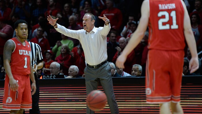 (Francisco Kjolseth  |  The Salt Lake Tribune)  Utah coach Larry Krystkowiak yells at his team in the final seconds of the game as the University of Utah hosts UCLA in NCAA basketball at the Huntsman Center in Salt Lake City, Thursday, Feb. 22, 2018.