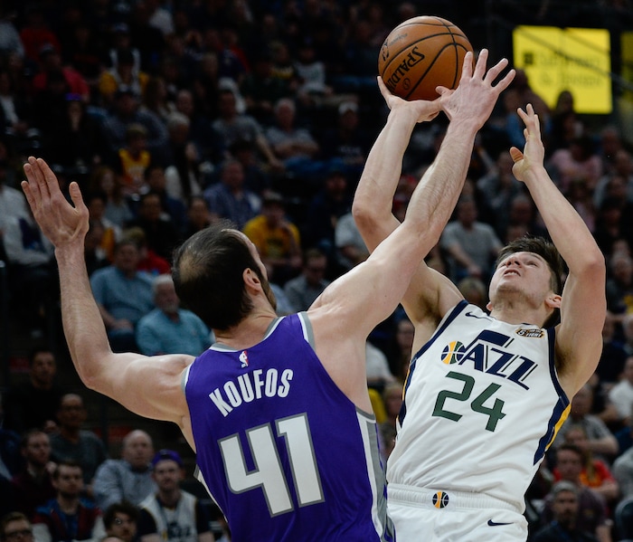 (Francisco Kjolseth  |  The Salt Lake Tribune)  Sacramento Kings center Kosta Koufos (41) pressures Utah Jazz guard Grayson Allen (24) as the Utah Jazz host the Sacramento Kings in their NBA game at Vivint Smart Home Arena Friday, April 5, 2019, in Salt Lake City.