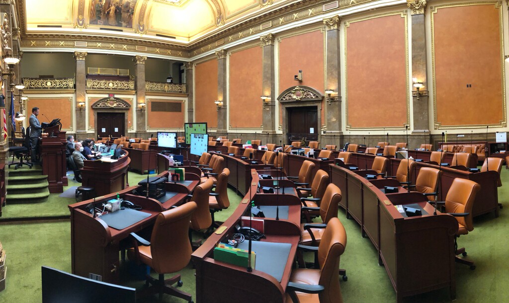 (Rick Egan  | Tribune file photo) Speaker Brad Wilson conducts business in a special session in House Chambers, in front of video monitors and a near empty room on April 16, 2020