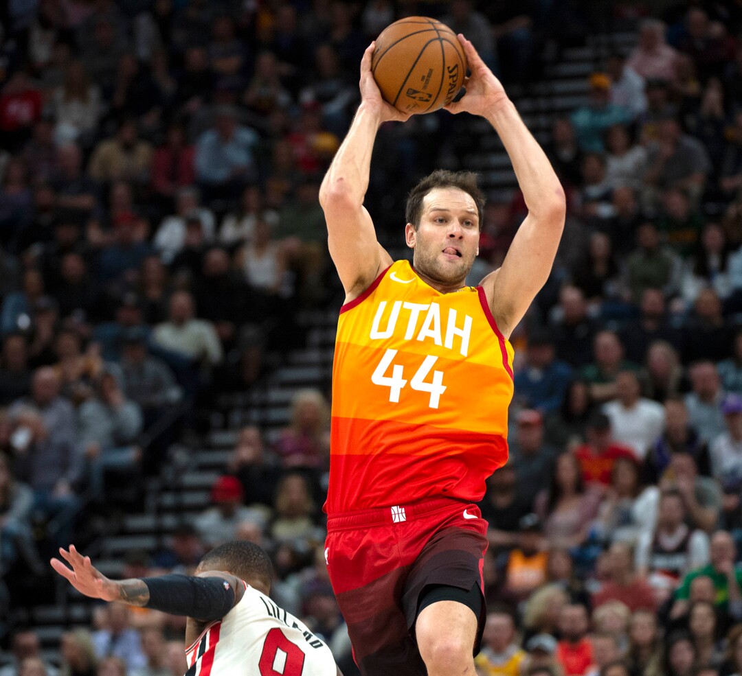 (Rick Egan  |  The Salt Lake Tribune)     Utah Jazz forward Bojan Bogdanovic (44) throws a pass, in NBA action between the Utah Jazz and thePortland Trail Blazers in Salt Lake City, Friday, Feb. 7, 2020.