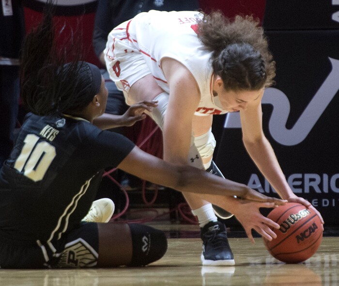 (Rick Egan  |  The Salt Lake Tribune)  Utah Utes center Megan Huff (5) steals the ball from Purdue Boilermakers guard Andreona Keys (10),  in basketball action Utah Utes vs. Purdue Boilermakers, at the Jon M. Huntsman Center, Monday, November 20, 2017.