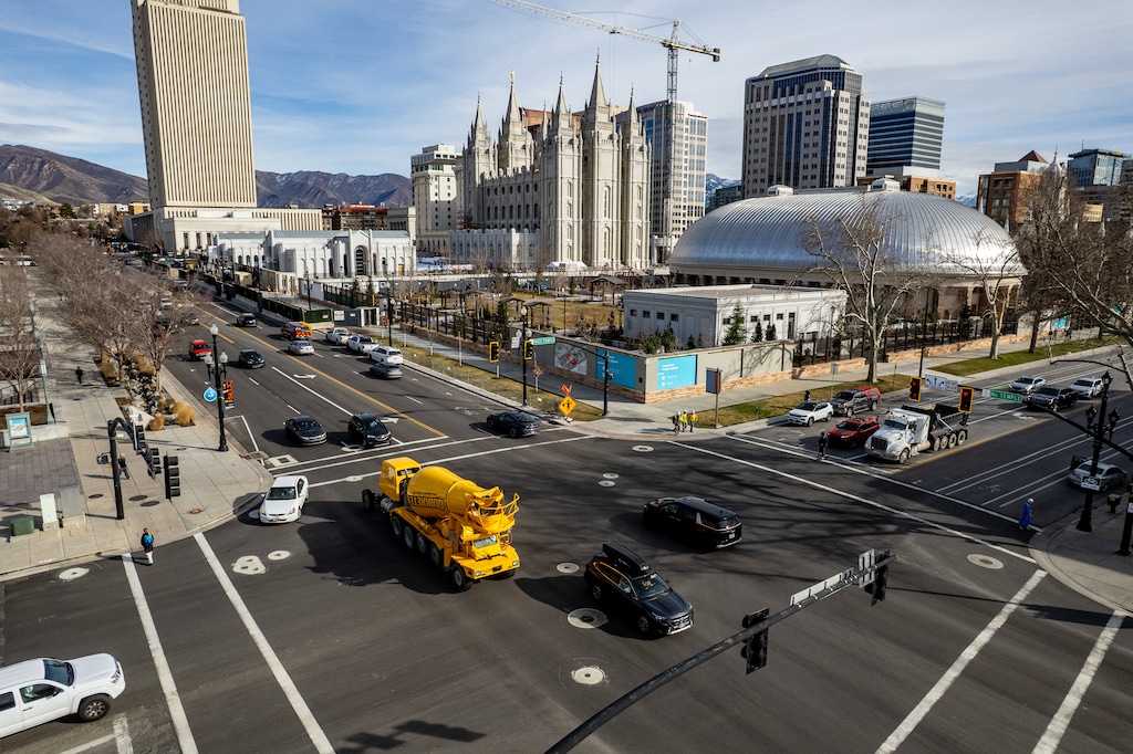 (Trent Nelson | The Salt Lake Tribune) Temple Square on Friday, Feb. 27, 2026. The reopening of the Salt Lake Temple next year will lead to some road closures over a six-month span.