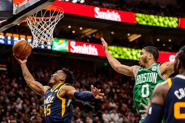 (Trent Nelson | The Salt Lake Tribune)  
Utah Jazz vs. Boston Celtics, NBA basketball in Salt Lake City, Wednesday March 28, 2018. Utah Jazz guard Donovan Mitchell (45) puts up a shot.