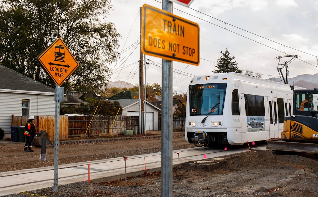 Trent Nelson | The Salt Lake Tribune
A test train on the Sugar House Streetcar line, Tuesday October 29, 2013.