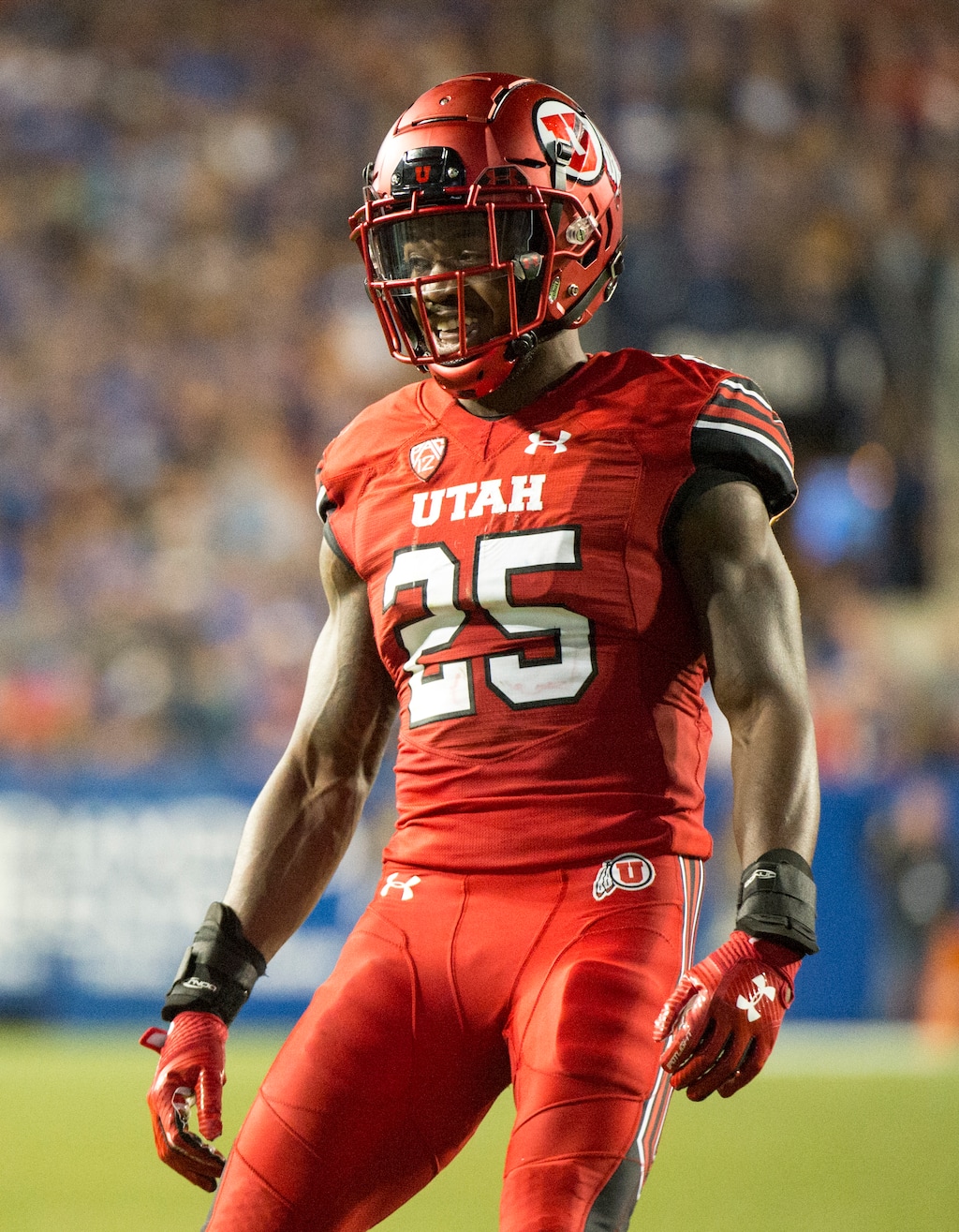 (Rick Egan  |  The Salt Lake Tribune) Utah Utes defensive back Casey Hughes (25) celebrates after sacking Brigham Young Cougars quarterback Tanner Mangum (12), in football action BYU vs Utah, at Lavell Edwards Stadium in Provo, Saturday, September 9, 2017.