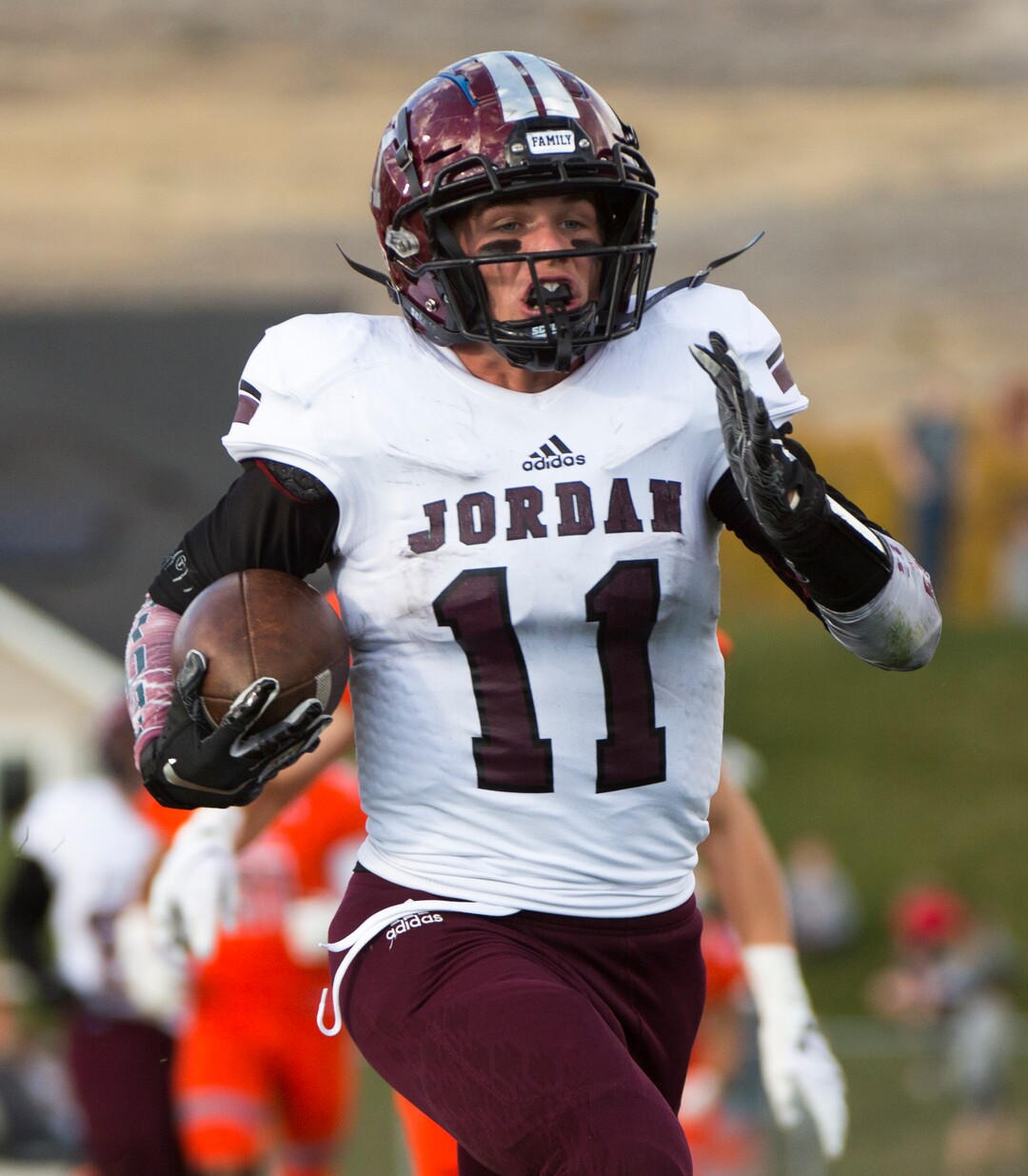 (Rick Egan  |  The Salt Lake Tribune)   Jordan running back Jake Shaver (11) runs for a touchdown, in prep 5A playoff action between Jordan High and Skyridge High, in Lehi, Friday, Nov. 2, 2018.