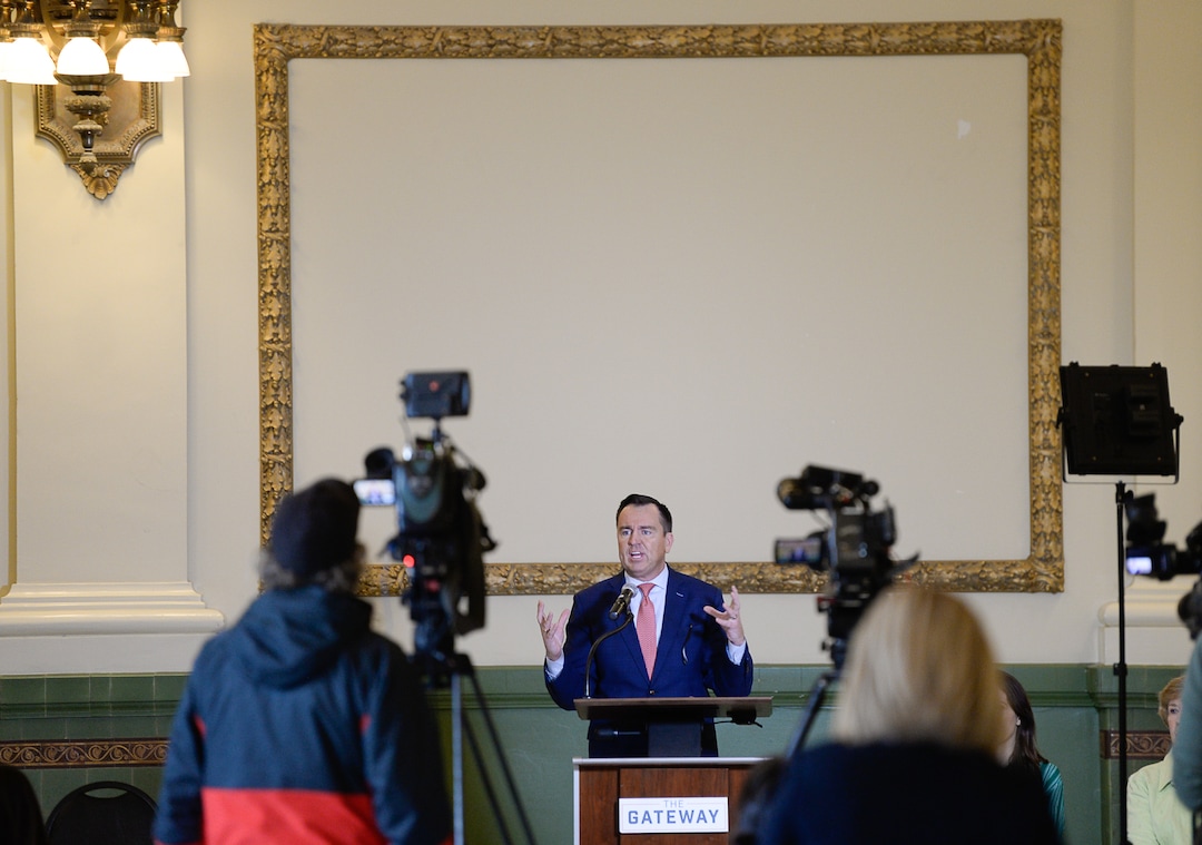 (Francisco Kjolseth  |  The Salt Lake Tribune)  Greg Hughes, former Speaker of the House joins other community leaders to relay new reports claiming that The Gateway and the Rio Grande area of downtown Salt Lake City has seen a "dramatic decrease" in crime. Gathered in the Grand Hall at The Gateway, on Tuesday, April 2, 2019, the 1.4 million square foot lifestyle destination is owned and managed by Vestar, as it goes through a $100 million redevelopment.  