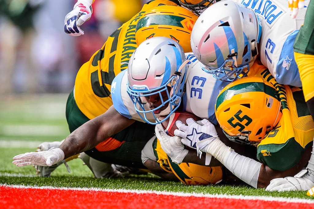 (Trent Nelson | The Salt Lake Tribune)  Salt Lake's Branden Oliver (33) comes up short of the end zone as the Salt Lake Stallions host the Arizona Hotshots on Feb. 23.