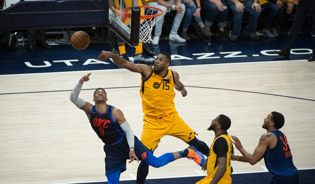 (Scott Sommerdorf | The Salt Lake Tribune)Utah Jazz forward Derrick Favors (15) blocks Oklahoma City Thunder guard Russell Westbrook (0) shot during second half play. The Utah Jazz defeated the Oklahoma City Thunder 96-91 to win the first round playoff series, Friday, April 27, 2018.