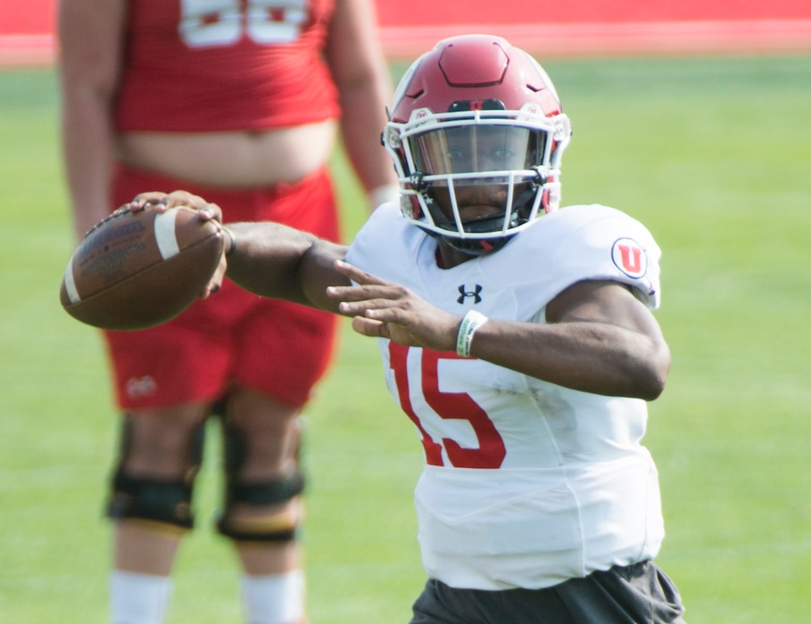 (Rick Egan  |  The Salt Lake Tribune)    Ute quarterback Jason Shelley runs with the ball, during practice, Friday, Aug. 3, 2018.