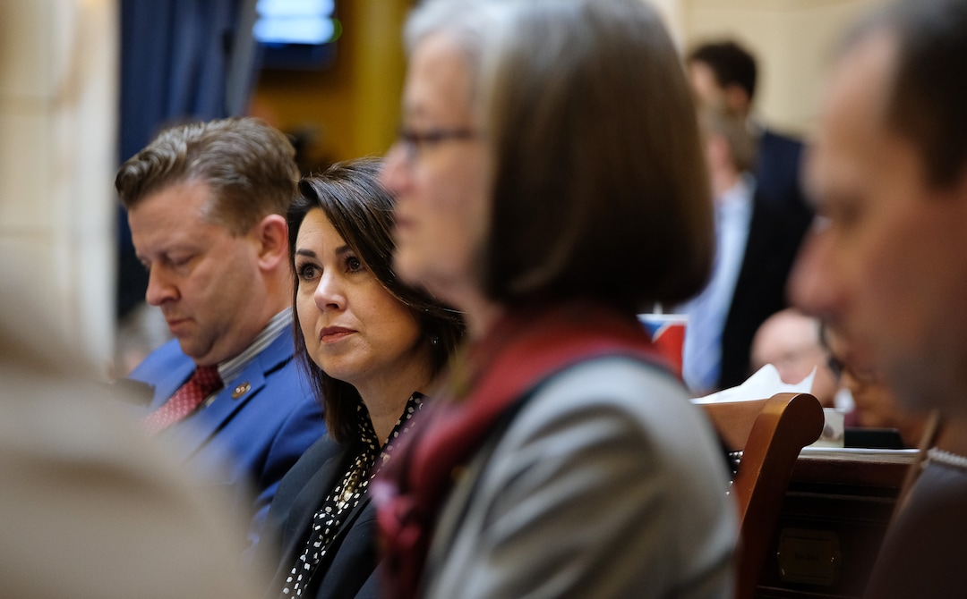 (Francisco Kjolseth  |  The Salt Lake Tribune)  Senator Deidre Henderson, R-Spanish Fork, listens to remarks by visiting congressman Chris Stewart to the senate floor on day two of the 2018 legislative session on Tuesday, Jan. 23, 2018.