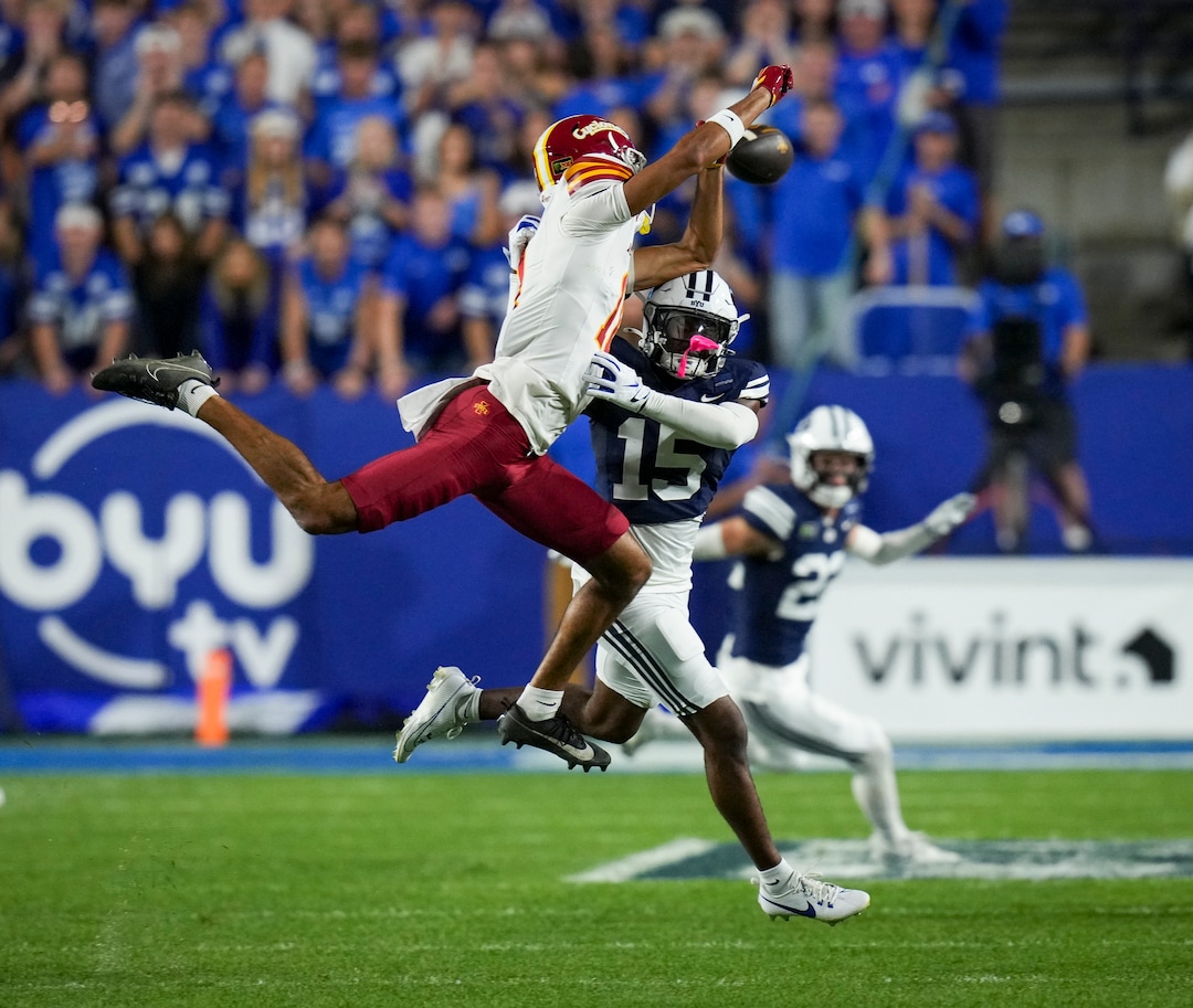 (Bethany Baker  |  The Salt Lake Tribune) BYU Cougars cornerback Jayven Williams (15) defends as Iowa State Cyclones wide receiver Dominic Overby (11) misses the catch during the game between the BYU Cougars and the Iowa State Cyclones in Provo on Friday, Oct. 9, 2026.