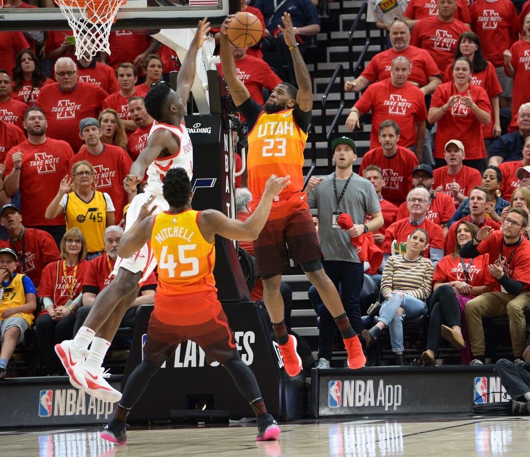 (Leah Hogsten  |  The Salt Lake Tribune)  as the Utah Jazz take on the Houston Rockets in Game 3 of an NBA basketball second-round playoff series Friday, May 4, 2018 in Salt Lake City.