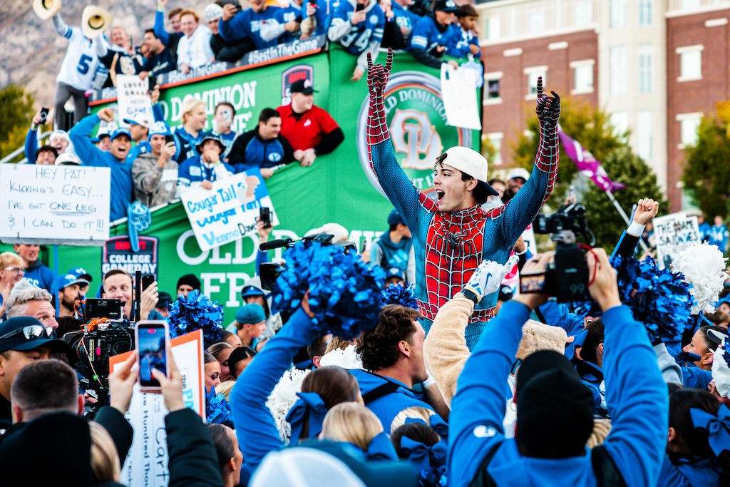 (Donovan Kelly | Special to The Tribune) BYU freshman Carter Smith celebrates winning $3 million for making a field goal during ESPN's "College GameDay" at BYU, Oct. 17, 2026.