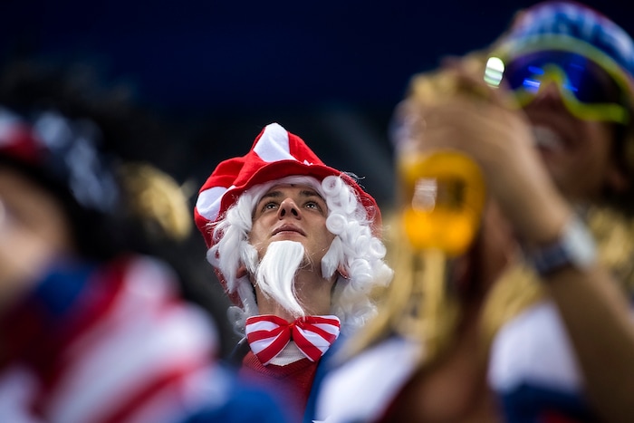 (Chris Detrick  |  The Salt Lake Tribune)  A man dressed as Uncle Sam watches during the United States vs Olympic Athletes from Russia hockey game at Gangneung Hockey Centre during the Pyeongchang 2018 Winter Olympics Saturday, Feb. 17, 2018. Olympic Athletes from Russia defeated United States 4-0.