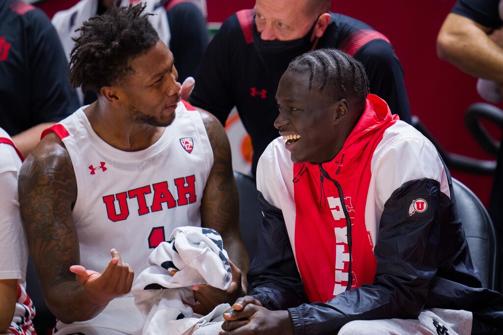(Trent Nelson  |  The Salt Lake Tribune) Utah Utes guard David Jenkins Jr. (1) and Utah Utes guard Both Gach (2) as the Utah Utes host the Westminster Griffins, NCAA basketball in Salt Lake City on Thursday, Nov. 4, 2021.