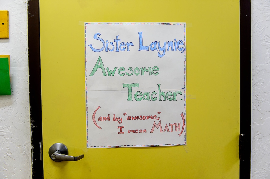 (Trent Nelson | The Salt Lake Tribune)  A sign on a classroom door at Pines Academy, Pinesdale, Mont.