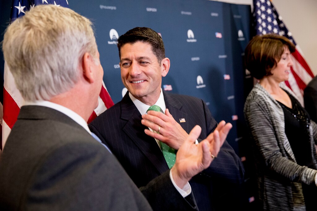 House Speaker Paul Ryan of Wis., center, speaks with House Majority Leader Kevin McCarthy of Calif., left, as they arrive for a news conference following a GOP caucus meeting on Capitol Hill, Wednesday, Sept. 13, 2017, in Washington. (AP Photo/Andrew Harnik)