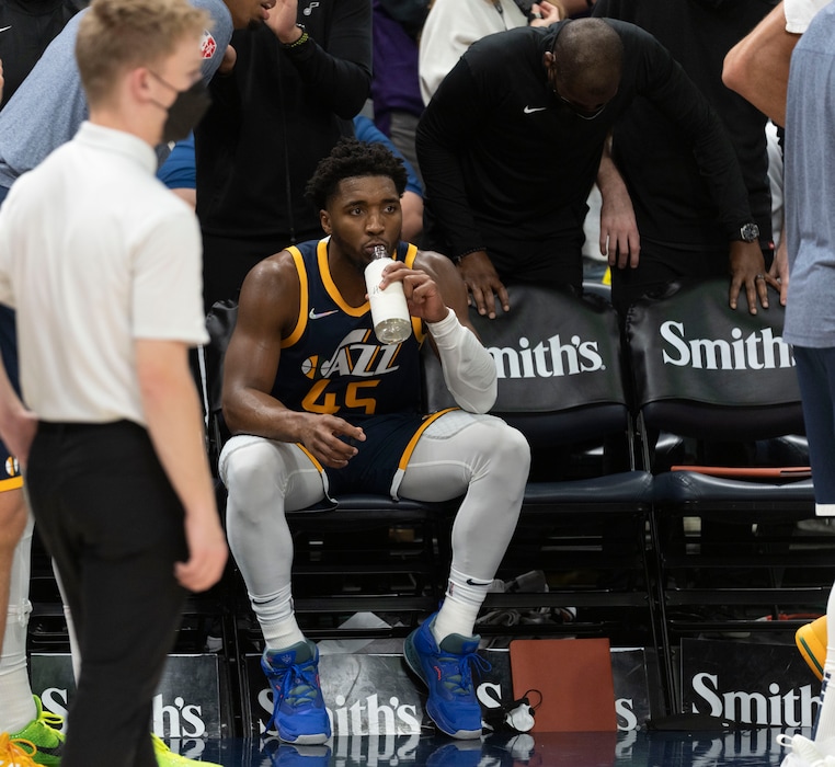 (Rick Egan | The Salt Lake Tribune) Utah Jazz guard Donovan Mitchell (45) awaits the referees decision, after being involved in a bench-clearing brawl in the 4th quarter in NBA action between the Utah Jazz and the Indiana Pacers at Vivint Arena, on Thursday, Nov. 11, 2021.