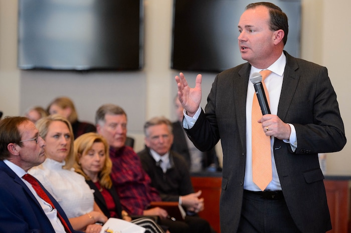 (Trent Nelson  |  Tribune file photo) Sen. Mike Lee, R-Utah, answers questions at a town hall in Draper on Wednesday, Feb. 19, 2020. Lee has self quarantined after the announcement that his Senate colleague and friend Sen. Rand Paul, R-Ky., tested positive for the COVID-19 virus.