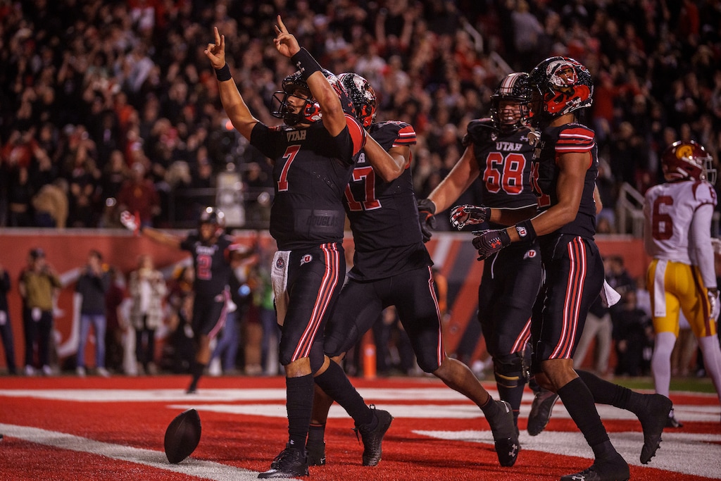 (Trent Nelson  |  The Salt Lake Tribune) Utah Utes quarterback Cameron Rising (7) celebrates a game-winning two-point conversion as the University of Utah hosts USC, NCAA football in Salt Lake City on Saturday, Oct. 15, 2022.