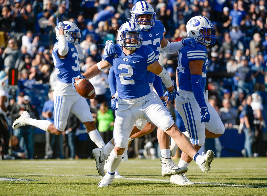 (Leah Hogsten  |  The Salt Lake Tribune) Brigham Young Cougars defensive back Austin Lee (2) celebrates his 26 yard interception return as Brigham Young University takes on Idaho State, Saturday, Nov. 16, 2019 at LaVell Edwards Stadium.