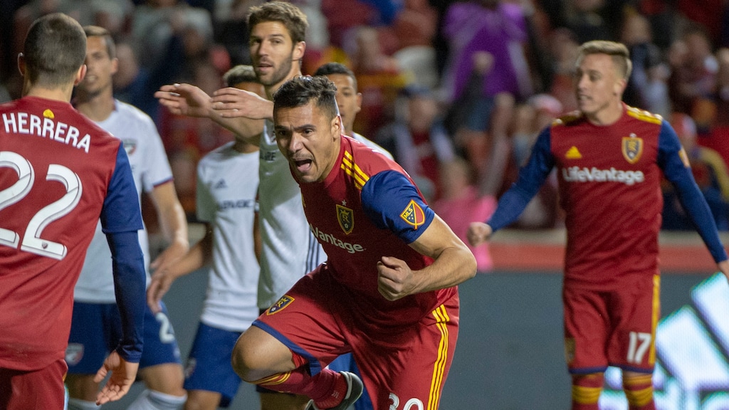 (Rick Egan  |  The Salt Lake Tribune)     Real Salt Lake defender Marcelo Silva (30) reacts after scoring a goal, in MLS action between Real Salt Lake and FC Dallas, at Rio Tinto Stadium, Saturday, March 30, 2019.