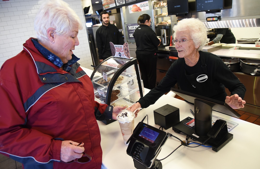 (Francisco Kjolseth  |  The Salt Lake Tribune)  Sharon Grover orders a drink from her long time friend 94-year-old Dorothy Bale who after 25 years at Arby's, has no plans to retire from the job she started when she was 69.