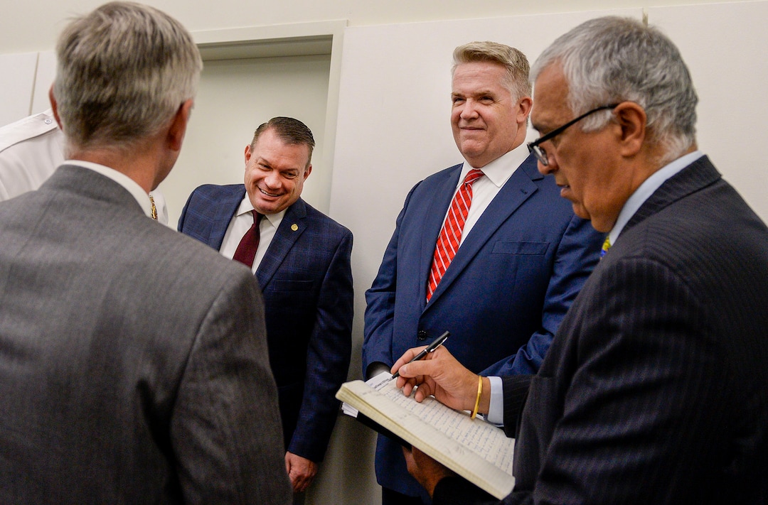 (Leah Hogsten  |  The Salt Lake Tribune) Utah FBI Special Agent in Charge Paul Haertel, Department of Public Safety Deputy Commissioner Jimmy Higgs, U.S. Attorney John Huber and Salt Lake County District Attorney Sim Gill chat briefly prior to their joint FBI Child Exploitation Task Force press conference to warn Utahns of the "hypersexualized virtual world" and to report the task force' findings in the fight to prevent children from being lured by internet predators and raped, kidnapped or murdered, Nov. 19, 2019. The multi-agency representatives reported that the task force netted 30 perpetrators in just four days in one month and called attention to the need for parents to police their children's online presence. "We expect you to step up and protect your children," said Gill. The five