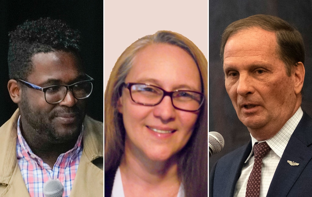 (The Salt Lake Tribune) From left, Nick Mitchel, Cassie Easley, and Rep. Chris Stewart, candidates for the 2nd Congressional District.