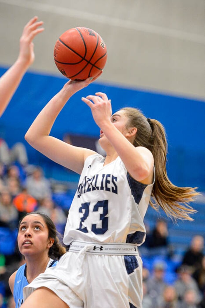 (Trent Nelson | The Salt Lake Tribune)  Copper Hills's Breaunna Gillen (23) shoots over Layton's Brenda Gallegos (23) as Layton faces Copper Hills in the 6A High School Girls' Basketball Tournament at SLCC in Taylorsville, Thursday Feb. 22, 2018.