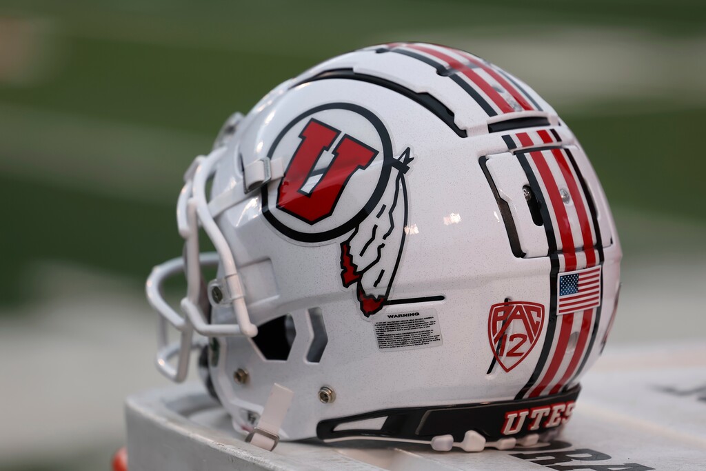 (Rob Gray | AP) The helmet worn by Utah against Colorado during an NCAA college football game Saturday, Nov. 25, 2023, in Salt Lake City.