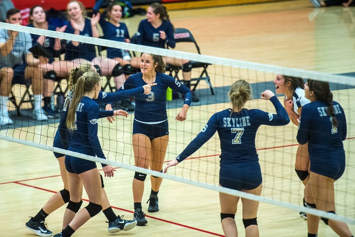 (Chris Detrick | The Salt Lake Tribune) Skyline's Sophie Cantera (3) celebrates a point with her teammates during the volleyball match at West High School Tuesday, October 3, 2017.