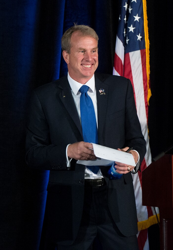 Leah Hogsten | The Salt Lake Tribune
Third District primary candidate former state Rep. Chris Herrod reacts to the crowd after The Salt Lake Tribune-Hinckley Institute of Politics debate, July 28, 2017, at the Utah Valley Convention Center in Provo. The primary will be held Aug. 15.
